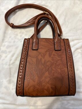 Brown Floral Embossed Leather Tote Bag